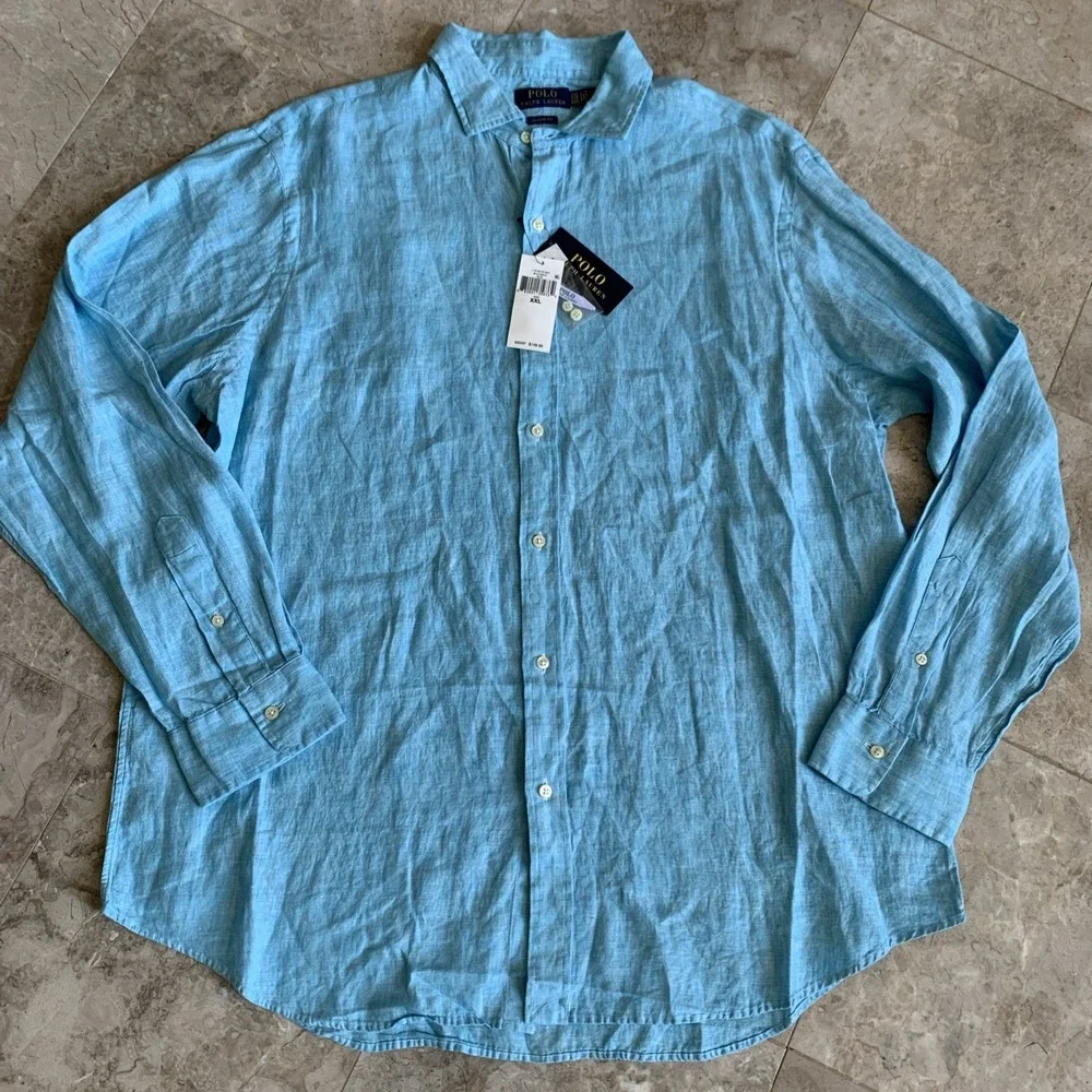 Polo Ralph Lauren Shirt Mens 2XL Classic Fit Blue 100% Linen Long Sleeve Button